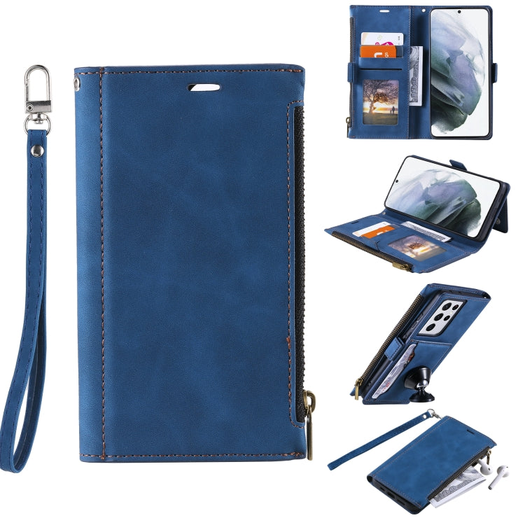 For Samsung Galaxy S21 Ultra 5G Side Zipper Back Card Horizontal Flip PU Leather Case with Card Slots & Wallet & Photo Frame & Lanyard