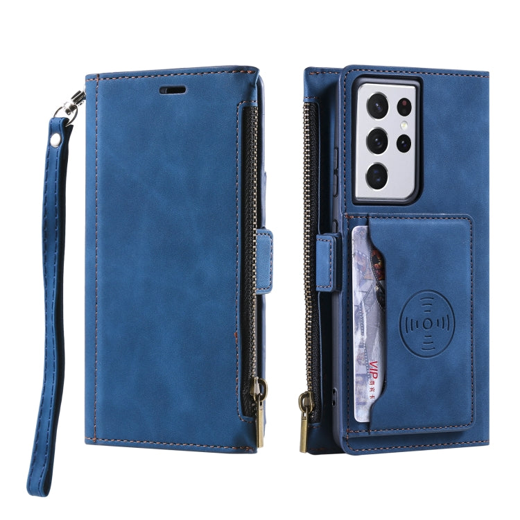 For Samsung Galaxy S21 Ultra 5G Side Zipper Back Card Horizontal Flip PU Leather Case with Card Slots & Wallet & Photo Frame & Lanyard