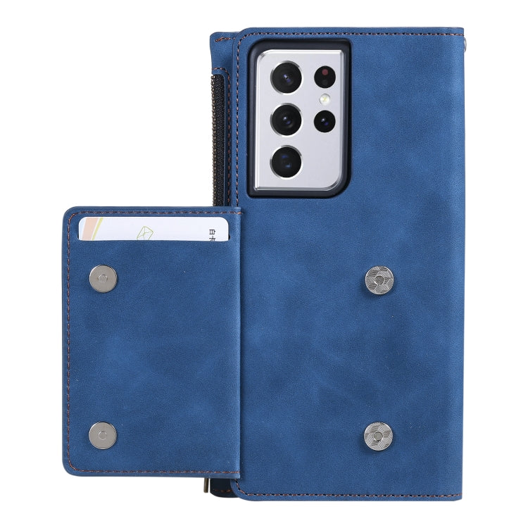 For Samsung Galaxy S21 Ultra 5G Side Zipper Back Card Horizontal Flip PU Leather Case with Card Slots & Wallet & Photo Frame & Lanyard