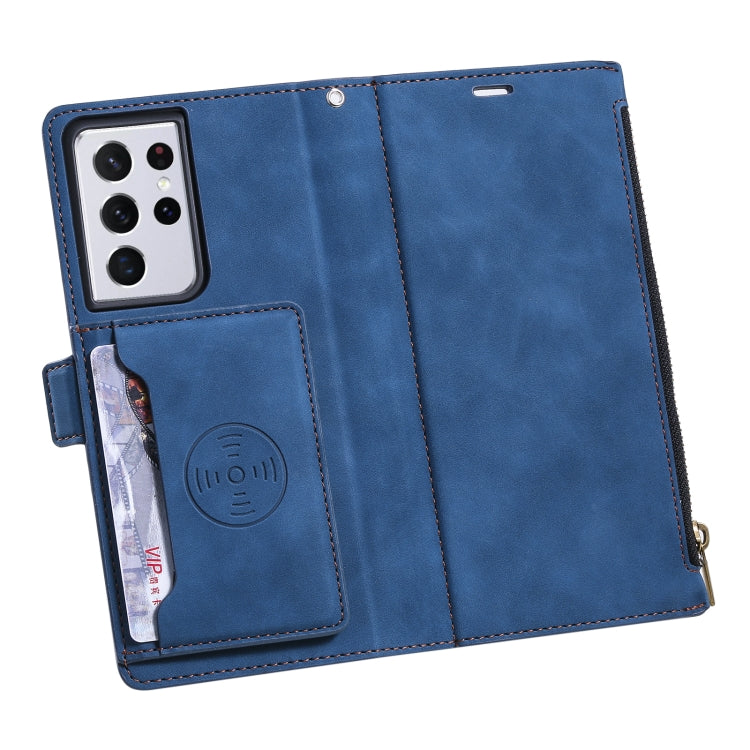 For Samsung Galaxy S21 Ultra 5G Side Zipper Back Card Horizontal Flip PU Leather Case with Card Slots & Wallet & Photo Frame & Lanyard