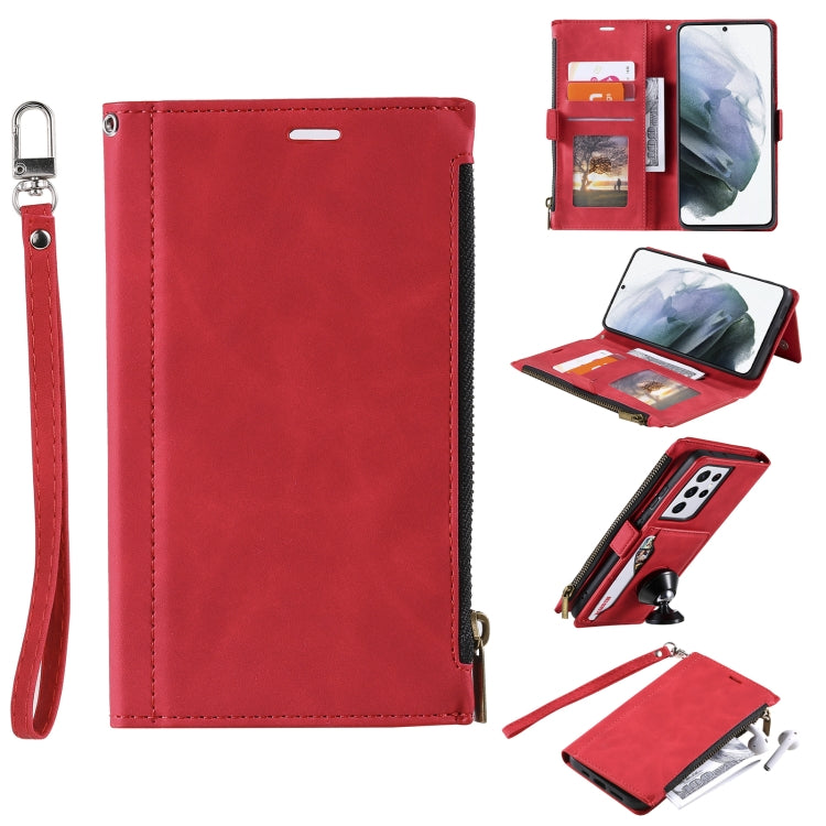 For Samsung Galaxy S21 Ultra 5G Side Zipper Back Card Horizontal Flip PU Leather Case with Card Slots & Wallet & Photo Frame & Lanyard