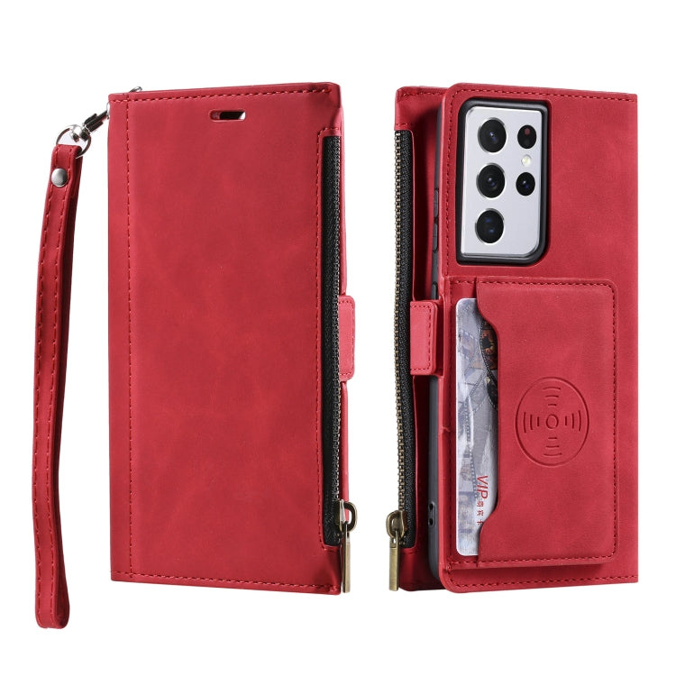 For Samsung Galaxy S21 Ultra 5G Side Zipper Back Card Horizontal Flip PU Leather Case with Card Slots & Wallet & Photo Frame & Lanyard