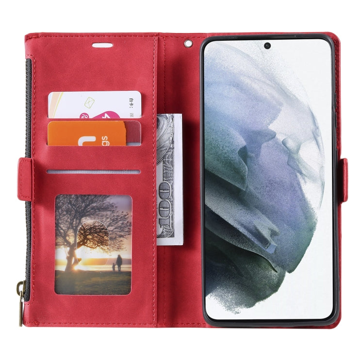 For Samsung Galaxy S21 Ultra 5G Side Zipper Back Card Horizontal Flip PU Leather Case with Card Slots & Wallet & Photo Frame & Lanyard