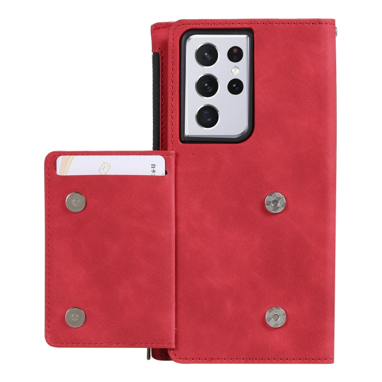 For Samsung Galaxy S21 Ultra 5G Side Zipper Back Card Horizontal Flip PU Leather Case with Card Slots & Wallet & Photo Frame & Lanyard