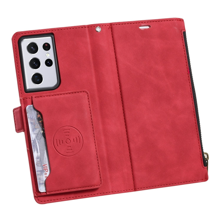 For Samsung Galaxy S21 Ultra 5G Side Zipper Back Card Horizontal Flip PU Leather Case with Card Slots & Wallet & Photo Frame & Lanyard