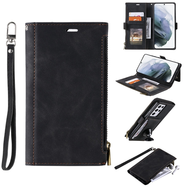 For Samsung Galaxy S21 Ultra 5G Side Zipper Back Card Horizontal Flip PU Leather Case with Card Slots & Wallet & Photo Frame & Lanyard
