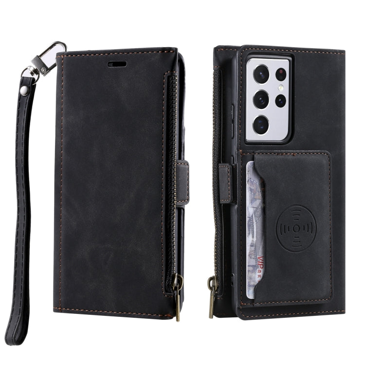 For Samsung Galaxy S21 Ultra 5G Side Zipper Back Card Horizontal Flip PU Leather Case with Card Slots & Wallet & Photo Frame & Lanyard