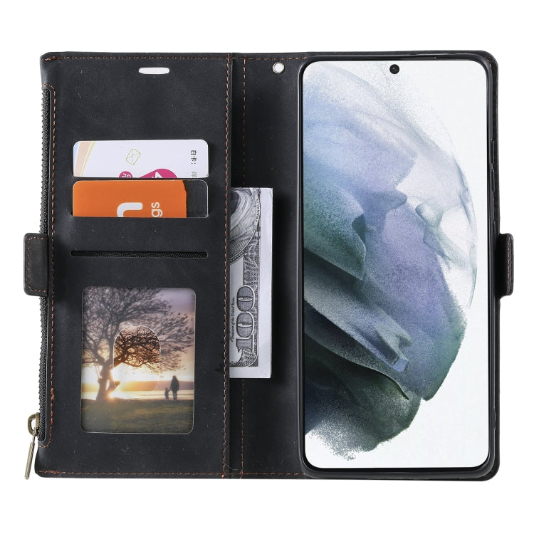 For Samsung Galaxy S21 Ultra 5G Side Zipper Back Card Horizontal Flip PU Leather Case with Card Slots & Wallet & Photo Frame & Lanyard