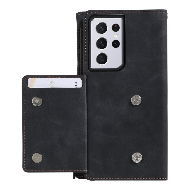 For Samsung Galaxy S21 Ultra 5G Side Zipper Back Card Horizontal Flip PU Leather Case with Card Slots & Wallet & Photo Frame & Lanyard