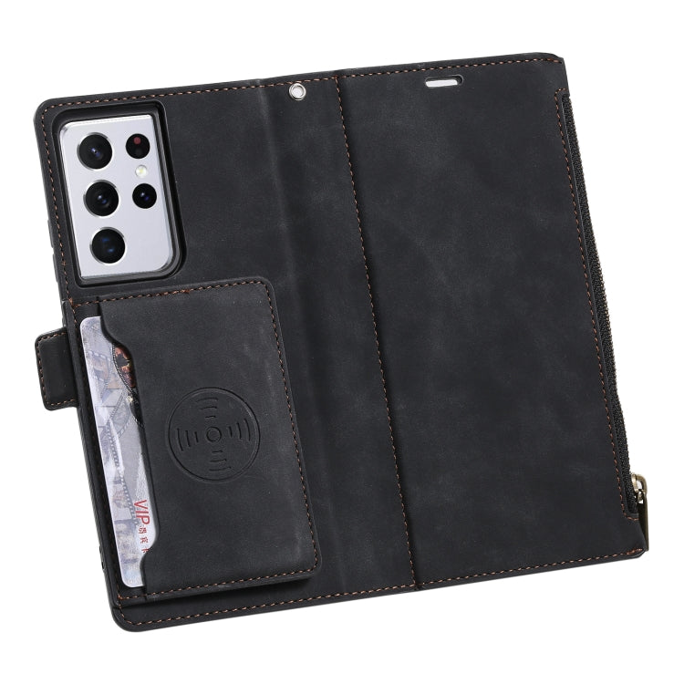 For Samsung Galaxy S21 Ultra 5G Side Zipper Back Card Horizontal Flip PU Leather Case with Card Slots & Wallet & Photo Frame & Lanyard