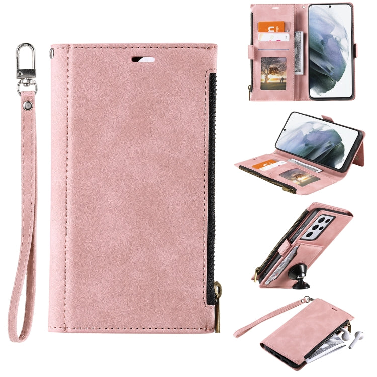 For Samsung Galaxy S21 Ultra 5G Side Zipper Back Card Horizontal Flip PU Leather Case with Card Slots & Wallet & Photo Frame & Lanyard