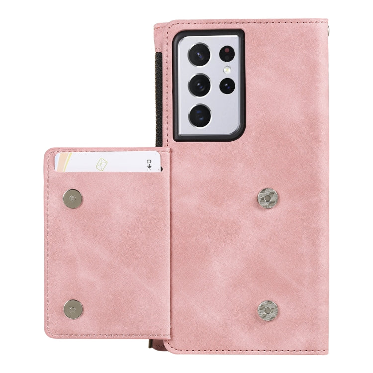 For Samsung Galaxy S21 Ultra 5G Side Zipper Back Card Horizontal Flip PU Leather Case with Card Slots & Wallet & Photo Frame & Lanyard