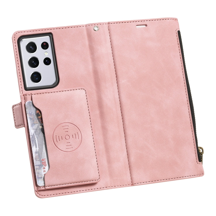 For Samsung Galaxy S21 Ultra 5G Side Zipper Back Card Horizontal Flip PU Leather Case with Card Slots & Wallet & Photo Frame & Lanyard
