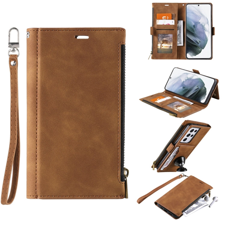 For Samsung Galaxy S21 Ultra 5G Side Zipper Back Card Horizontal Flip PU Leather Case with Card Slots & Wallet & Photo Frame & Lanyard