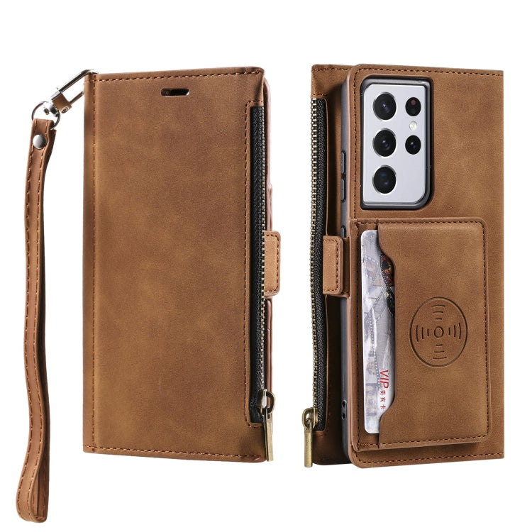 For Samsung Galaxy S21 Ultra 5G Side Zipper Back Card Horizontal Flip PU Leather Case with Card Slots & Wallet & Photo Frame & Lanyard