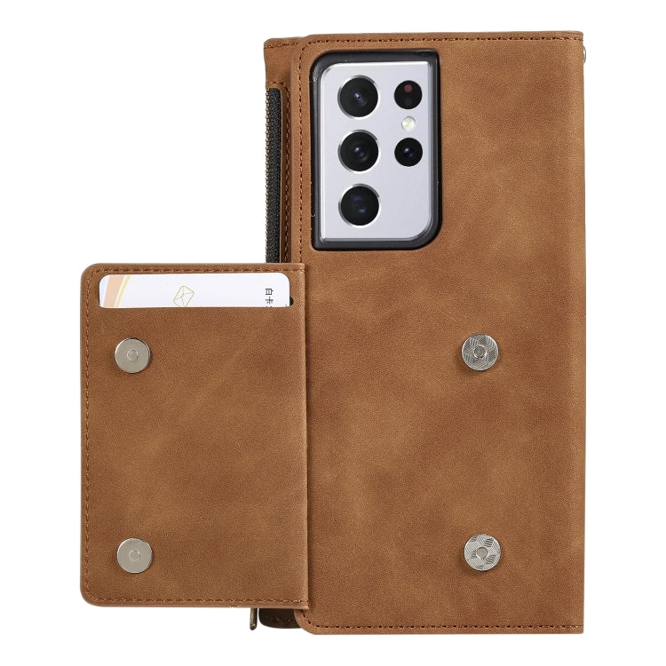 For Samsung Galaxy S21 Ultra 5G Side Zipper Back Card Horizontal Flip PU Leather Case with Card Slots & Wallet & Photo Frame & Lanyard