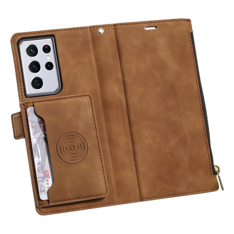 For Samsung Galaxy S21 Ultra 5G Side Zipper Back Card Horizontal Flip PU Leather Case with Card Slots & Wallet & Photo Frame & Lanyard