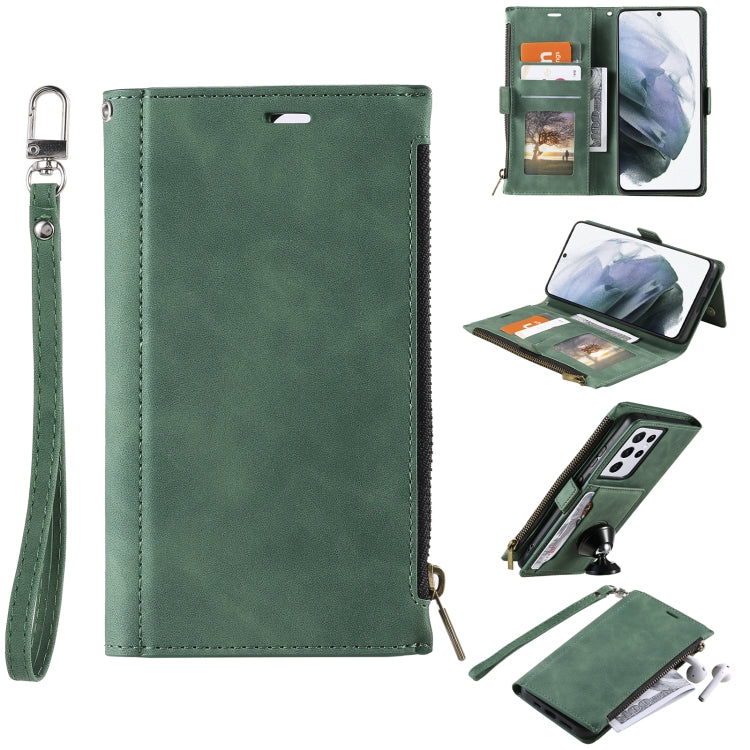 For Samsung Galaxy S21 Ultra 5G Side Zipper Back Card Horizontal Flip PU Leather Case with Card Slots & Wallet & Photo Frame & Lanyard
