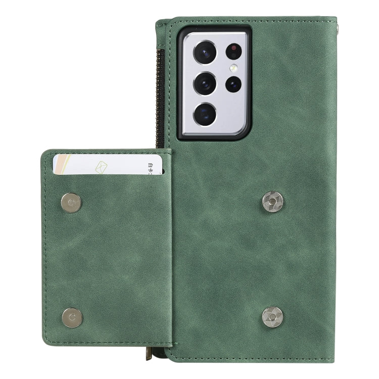 For Samsung Galaxy S21 Ultra 5G Side Zipper Back Card Horizontal Flip PU Leather Case with Card Slots & Wallet & Photo Frame & Lanyard