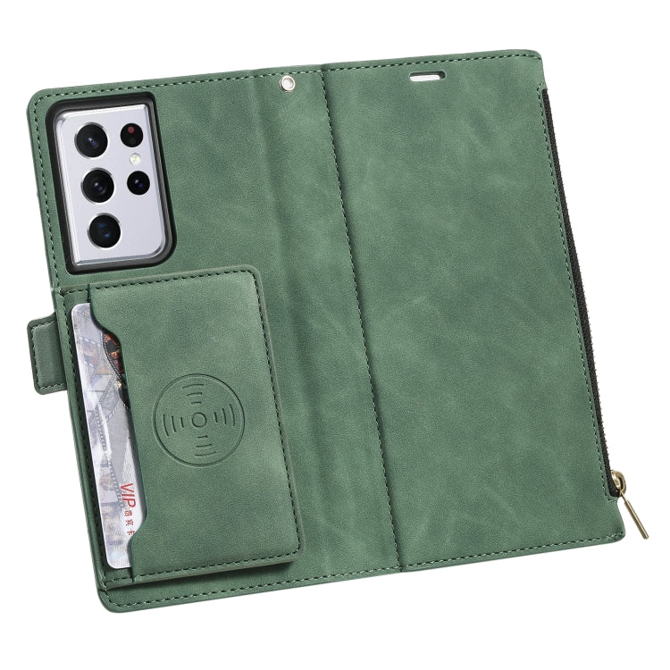 For Samsung Galaxy S21 Ultra 5G Side Zipper Back Card Horizontal Flip PU Leather Case with Card Slots & Wallet & Photo Frame & Lanyard