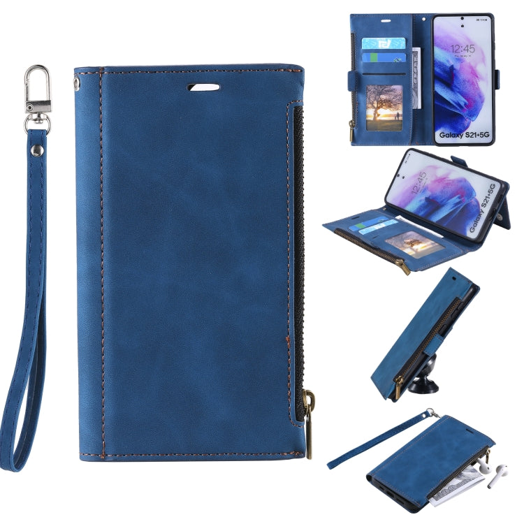 For Samsung Galaxy S21+ 5G Side Zipper Back Card Horizontal Flip PU Leather Case with Card Slots & Wallet & Photo Frame & Lanyard