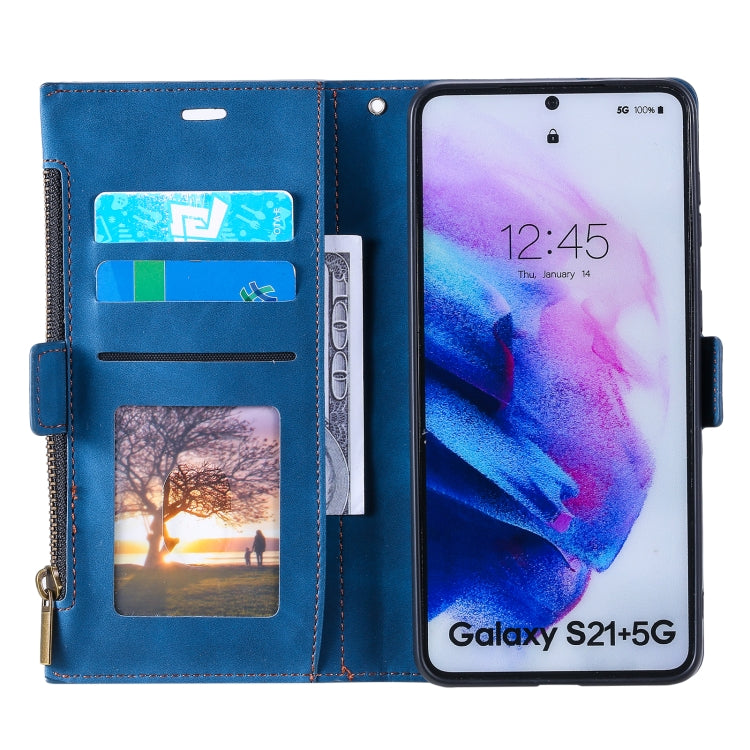For Samsung Galaxy S21+ 5G Side Zipper Back Card Horizontal Flip PU Leather Case with Card Slots & Wallet & Photo Frame & Lanyard