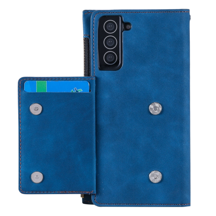 For Samsung Galaxy S21+ 5G Side Zipper Back Card Horizontal Flip PU Leather Case with Card Slots & Wallet & Photo Frame & Lanyard