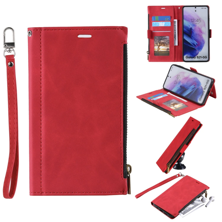 For Samsung Galaxy S21+ 5G Side Zipper Back Card Horizontal Flip PU Leather Case with Card Slots & Wallet & Photo Frame & Lanyard