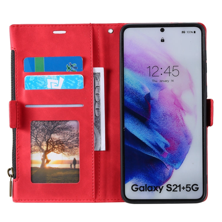 For Samsung Galaxy S21+ 5G Side Zipper Back Card Horizontal Flip PU Leather Case with Card Slots & Wallet & Photo Frame & Lanyard