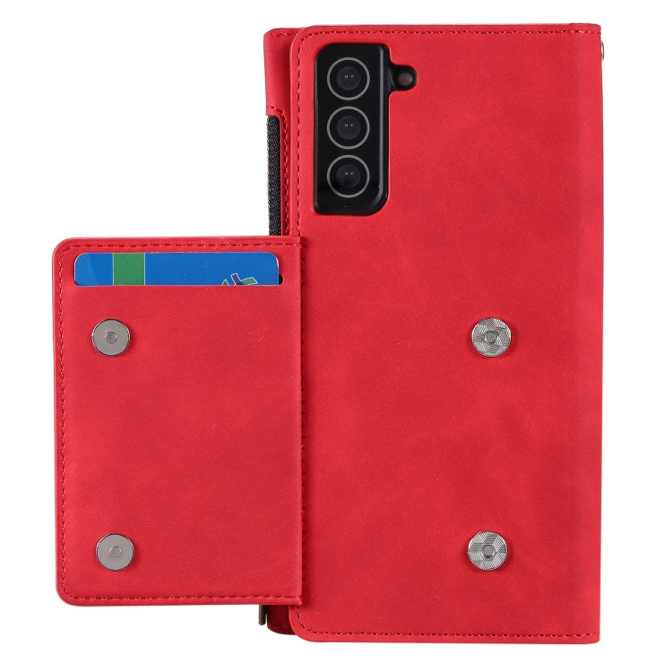 For Samsung Galaxy S21+ 5G Side Zipper Back Card Horizontal Flip PU Leather Case with Card Slots & Wallet & Photo Frame & Lanyard