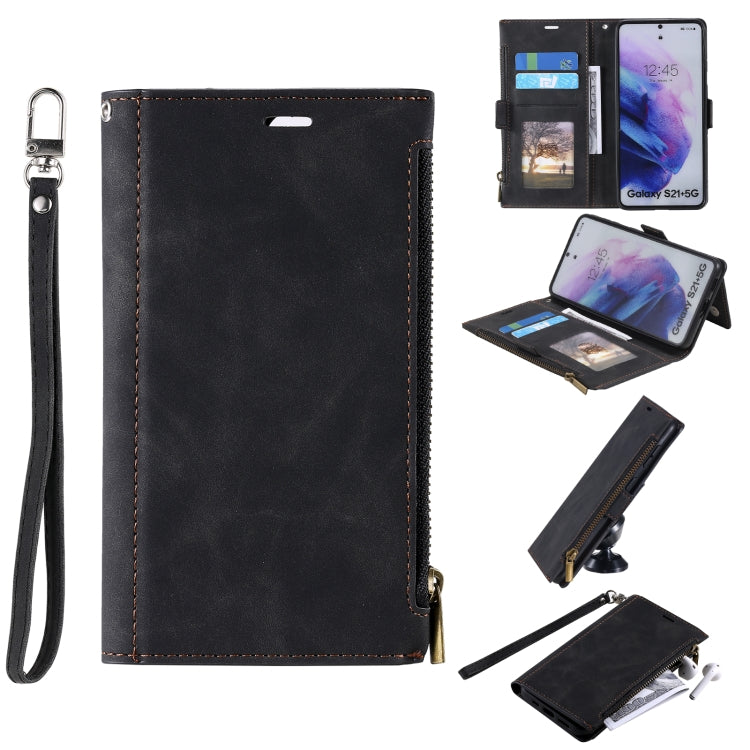 For Samsung Galaxy S21+ 5G Side Zipper Back Card Horizontal Flip PU Leather Case with Card Slots & Wallet & Photo Frame & Lanyard