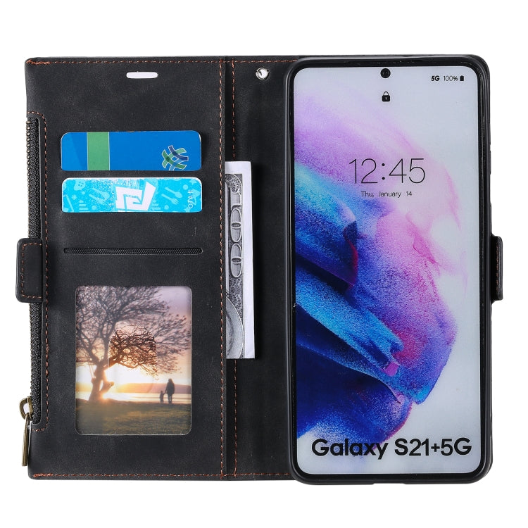 For Samsung Galaxy S21+ 5G Side Zipper Back Card Horizontal Flip PU Leather Case with Card Slots & Wallet & Photo Frame & Lanyard