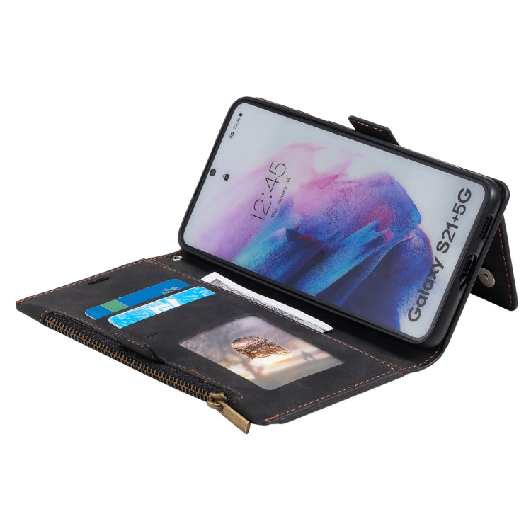 For Samsung Galaxy S21+ 5G Side Zipper Back Card Horizontal Flip PU Leather Case with Card Slots & Wallet & Photo Frame & Lanyard