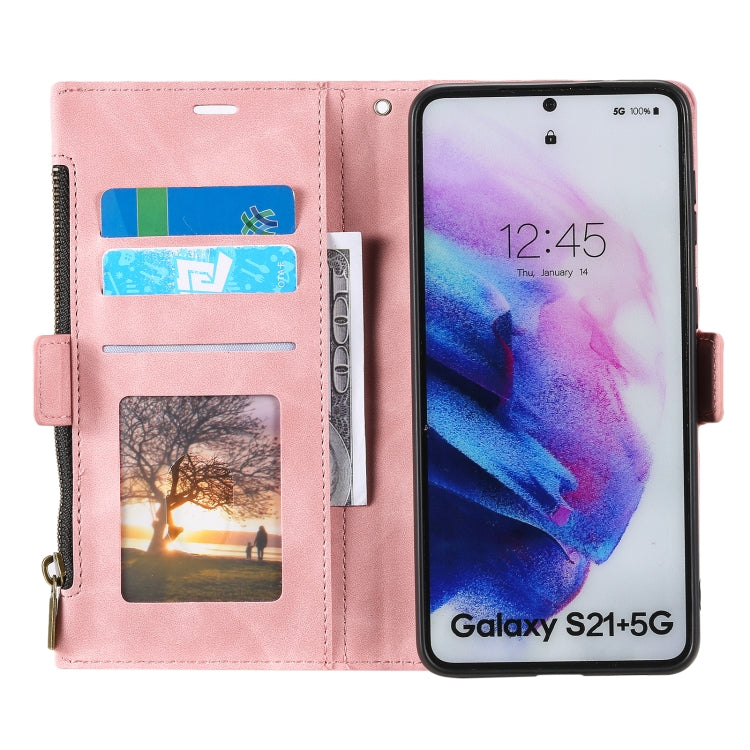 For Samsung Galaxy S21+ 5G Side Zipper Back Card Horizontal Flip PU Leather Case with Card Slots & Wallet & Photo Frame & Lanyard