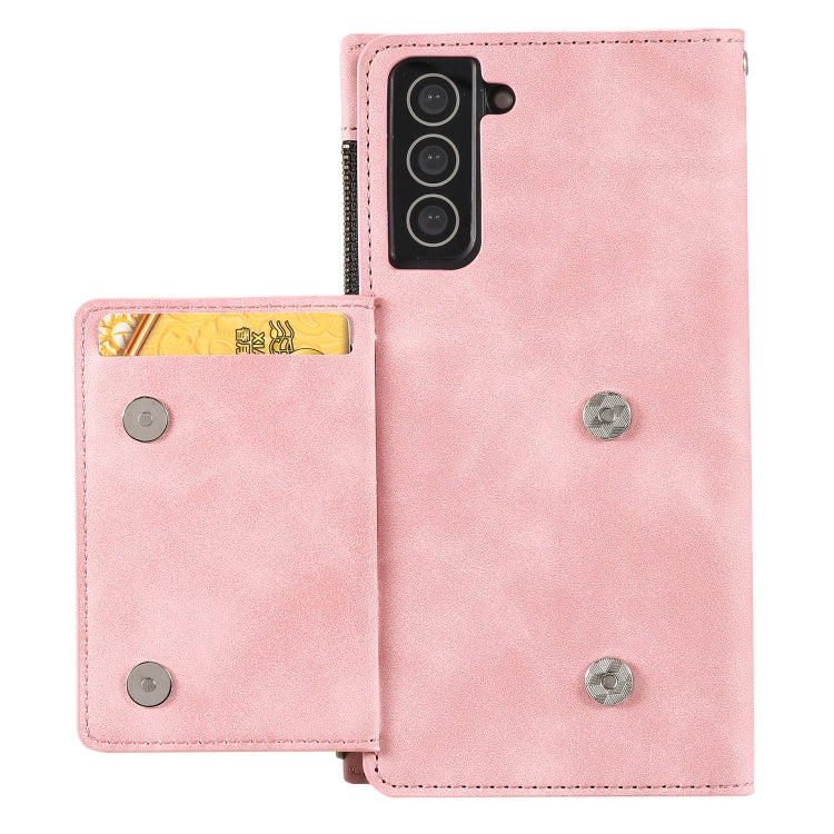 For Samsung Galaxy S21+ 5G Side Zipper Back Card Horizontal Flip PU Leather Case with Card Slots & Wallet & Photo Frame & Lanyard