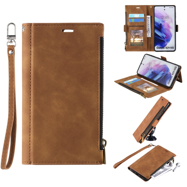 For Samsung Galaxy S21+ 5G Side Zipper Back Card Horizontal Flip PU Leather Case with Card Slots & Wallet & Photo Frame & Lanyard