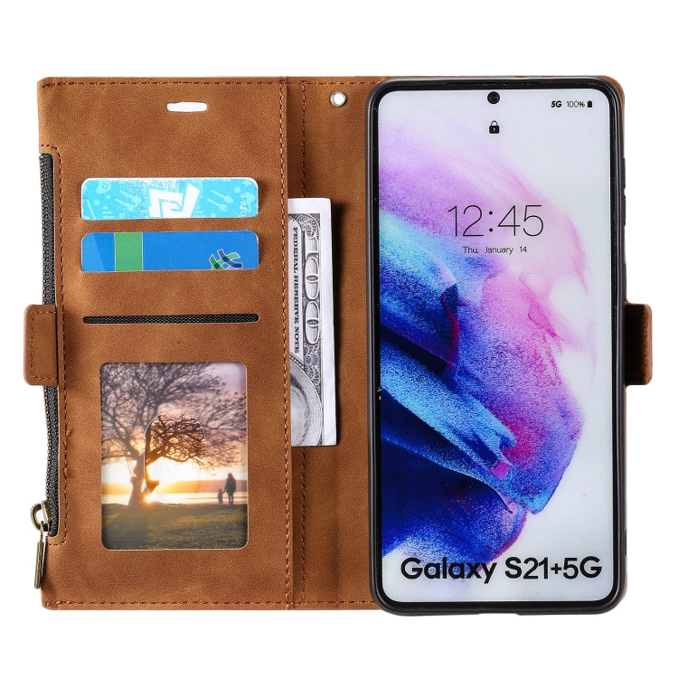 For Samsung Galaxy S21+ 5G Side Zipper Back Card Horizontal Flip PU Leather Case with Card Slots & Wallet & Photo Frame & Lanyard