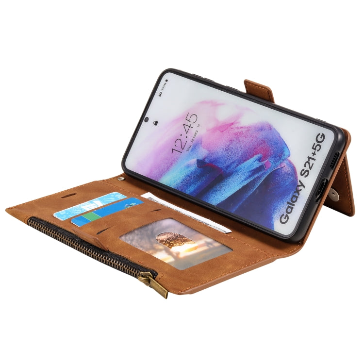 For Samsung Galaxy S21+ 5G Side Zipper Back Card Horizontal Flip PU Leather Case with Card Slots & Wallet & Photo Frame & Lanyard
