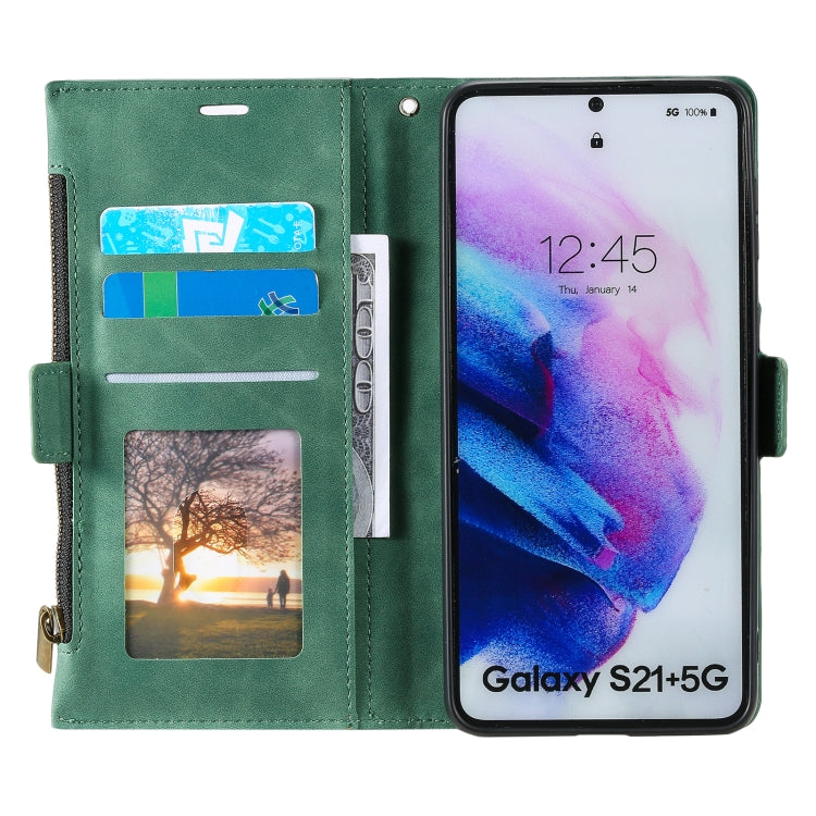 For Samsung Galaxy S21+ 5G Side Zipper Back Card Horizontal Flip PU Leather Case with Card Slots & Wallet & Photo Frame & Lanyard