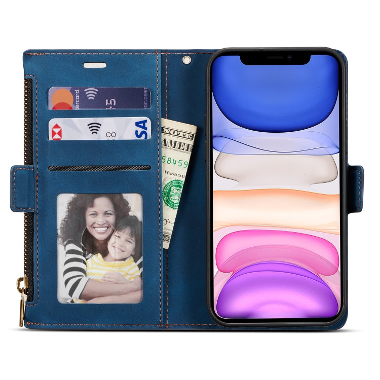 For iPhone 12 / 12 Pro Side Zipper Back Card Horizontal Flip PU Leather Case with Card Slots & Wallet & Photo Frame & Lanyard