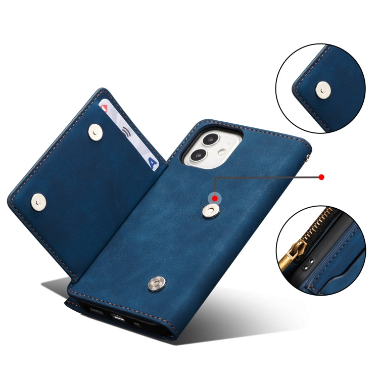 For iPhone 12 / 12 Pro Side Zipper Back Card Horizontal Flip PU Leather Case with Card Slots & Wallet & Photo Frame & Lanyard
