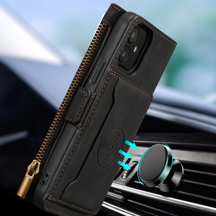 For iPhone 12 / 12 Pro Side Zipper Back Card Horizontal Flip PU Leather Case with Card Slots & Wallet & Photo Frame & Lanyard