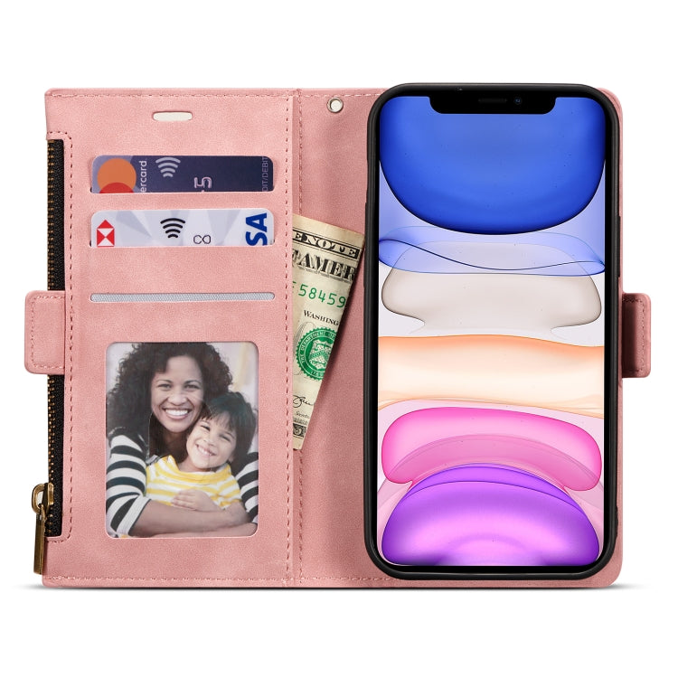 For iPhone 12 / 12 Pro Side Zipper Back Card Horizontal Flip PU Leather Case with Card Slots & Wallet & Photo Frame & Lanyard