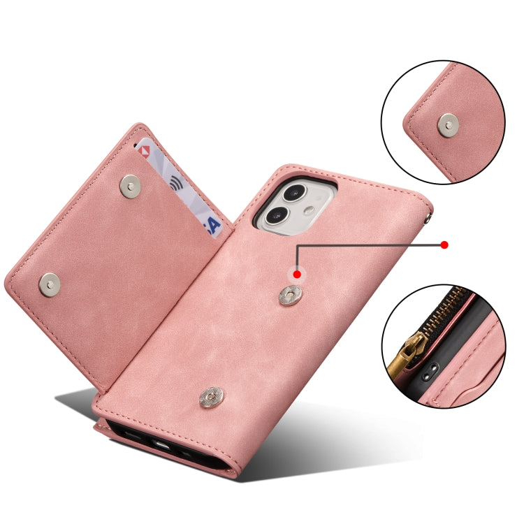 For iPhone 12 / 12 Pro Side Zipper Back Card Horizontal Flip PU Leather Case with Card Slots & Wallet & Photo Frame & Lanyard