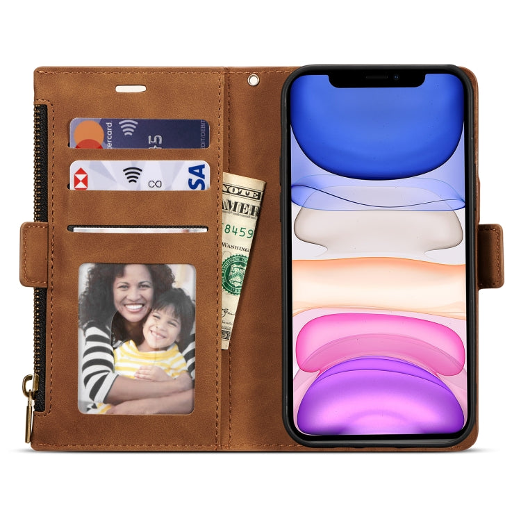 For iPhone 12 / 12 Pro Side Zipper Back Card Horizontal Flip PU Leather Case with Card Slots & Wallet & Photo Frame & Lanyard