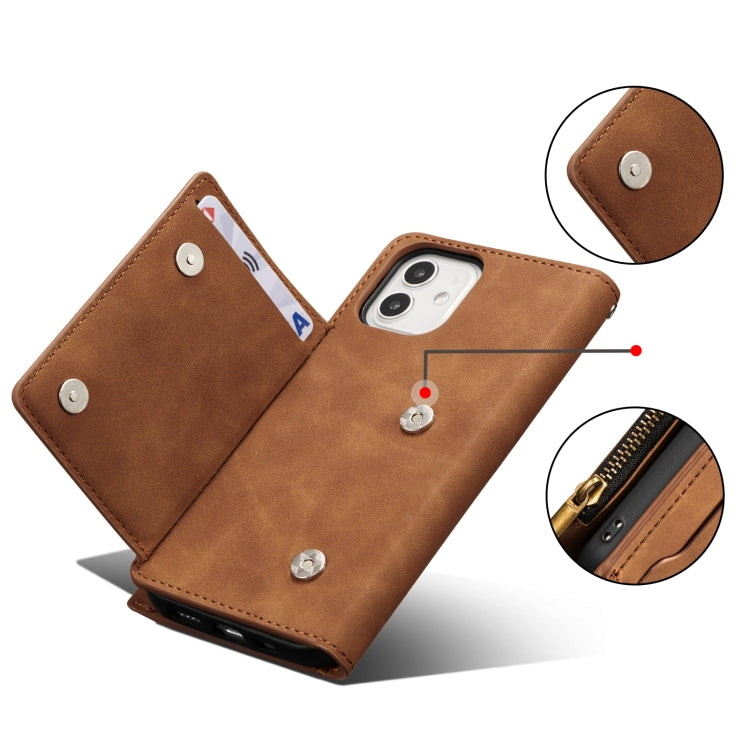 For iPhone 12 / 12 Pro Side Zipper Back Card Horizontal Flip PU Leather Case with Card Slots & Wallet & Photo Frame & Lanyard