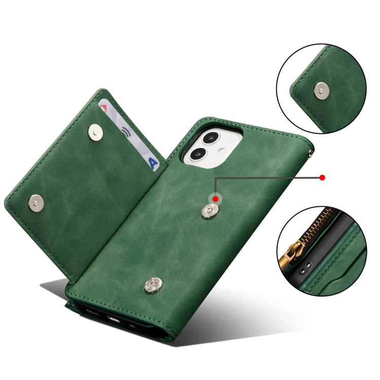 For iPhone 12 / 12 Pro Side Zipper Back Card Horizontal Flip PU Leather Case with Card Slots & Wallet & Photo Frame & Lanyard