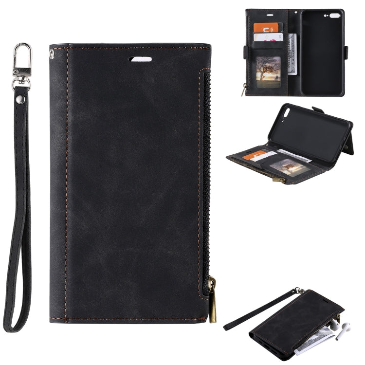 Side Zipper Back Card Horizontal Flip PU Leather Case with Card Slots & Wallet & Photo Frame & Lanyard For iPhone 8 Plus / 7 Plus