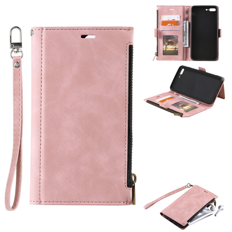 Side Zipper Back Card Horizontal Flip PU Leather Case with Card Slots & Wallet & Photo Frame & Lanyard For iPhone 8 Plus / 7 Plus
