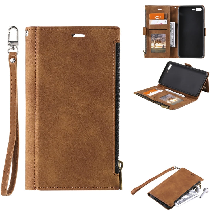 Side Zipper Back Card Horizontal Flip PU Leather Case with Card Slots & Wallet & Photo Frame & Lanyard For iPhone 8 Plus / 7 Plus
